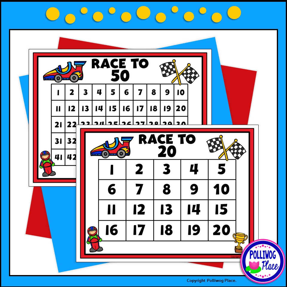 Counting Numbers Game Race to 20, 50, or 100 Race Cars Polliwog Place