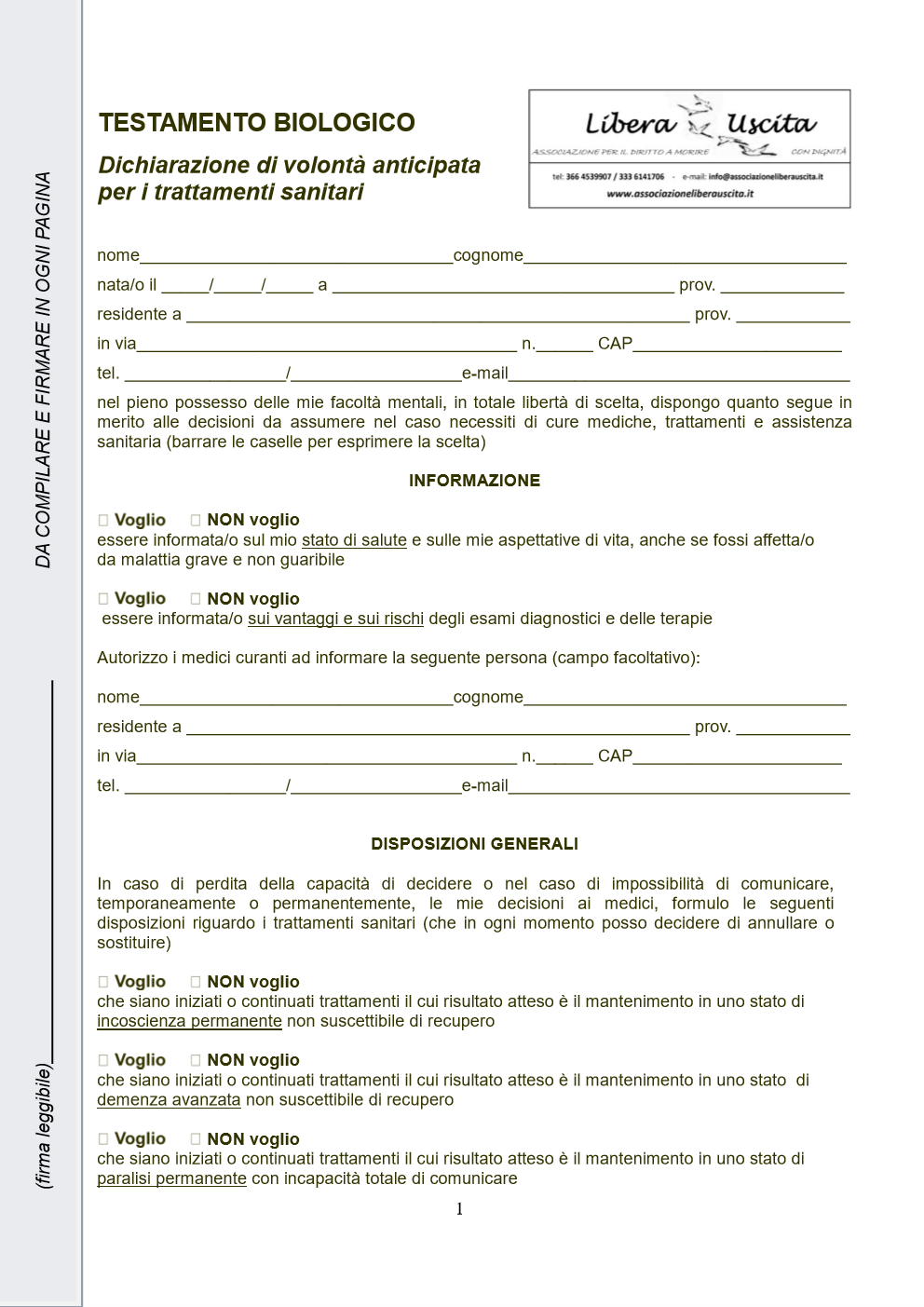 modulo testamento biologico 2023 Modulo Di Testamento Biologico- Dichiarazione Di Volontà Anticipata Per I Trattamenti Sanitari, Proposto Dalla Associazione Libera Uscita, 4 Feb 2019 – Mappe Nel Sistema Dei Servizi Alla Persona E Alla Comunità