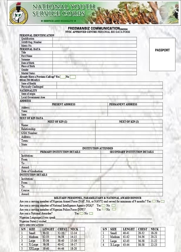 NYSC Online Registration Form Sample