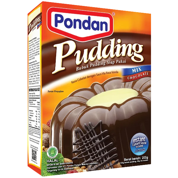 Pondan Pudding Bubuk Siap Pakai Rasa Cokelat dengan Saus Vla Rasa