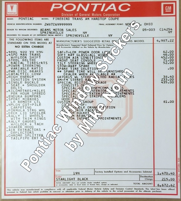 1976 Pontiac Window Sticker Pontiac Window Sticker Reproductions by Mike Noun
