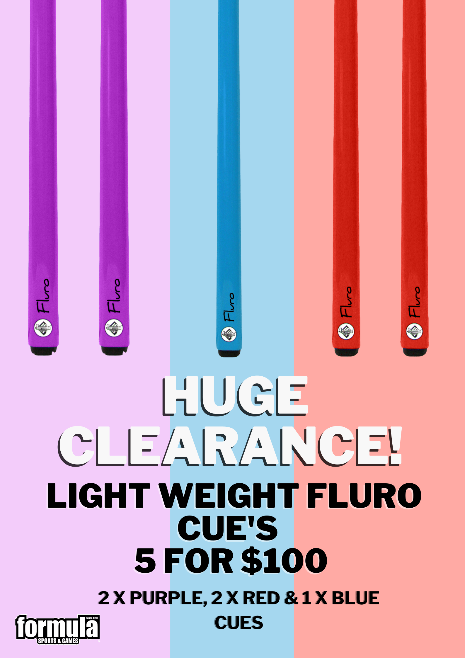 Fluro Pool Snooker Billiard Cue Set 4 cues