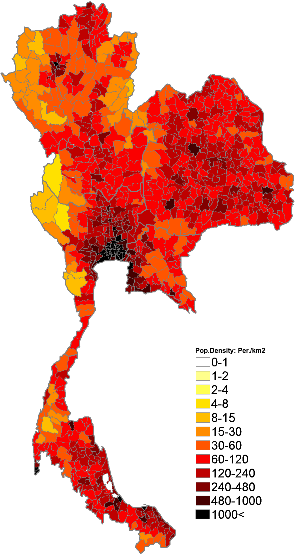 Thailand Population Density Map 145.Population density (administrative boundaries) map of Thailand
