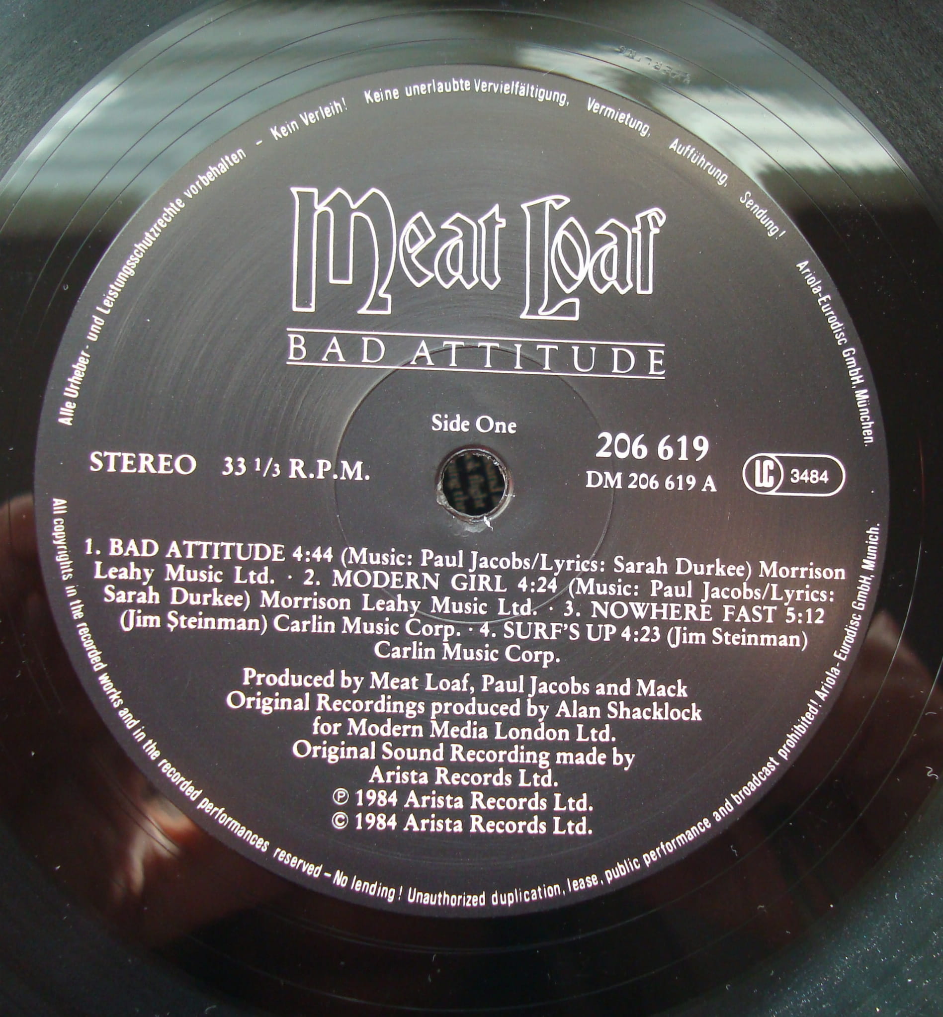 Meat Loaf ‎ Bad Attitude 206 619 Rock Winyle