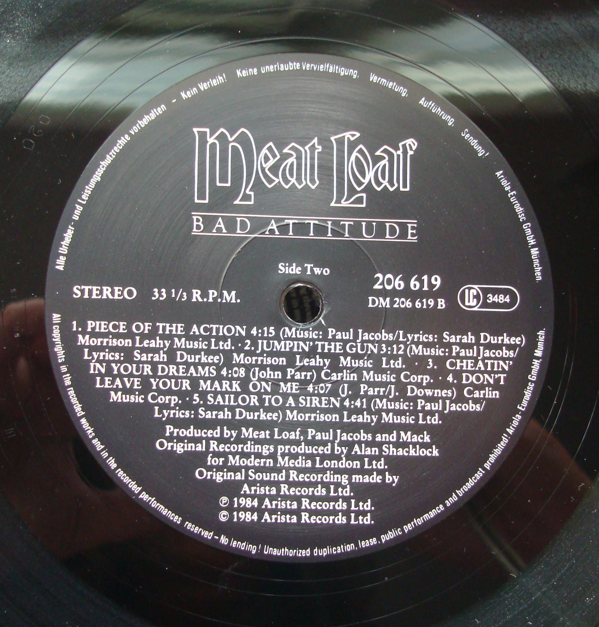 Meat Loaf ‎ Bad Attitude 206 619 Rock Winyle