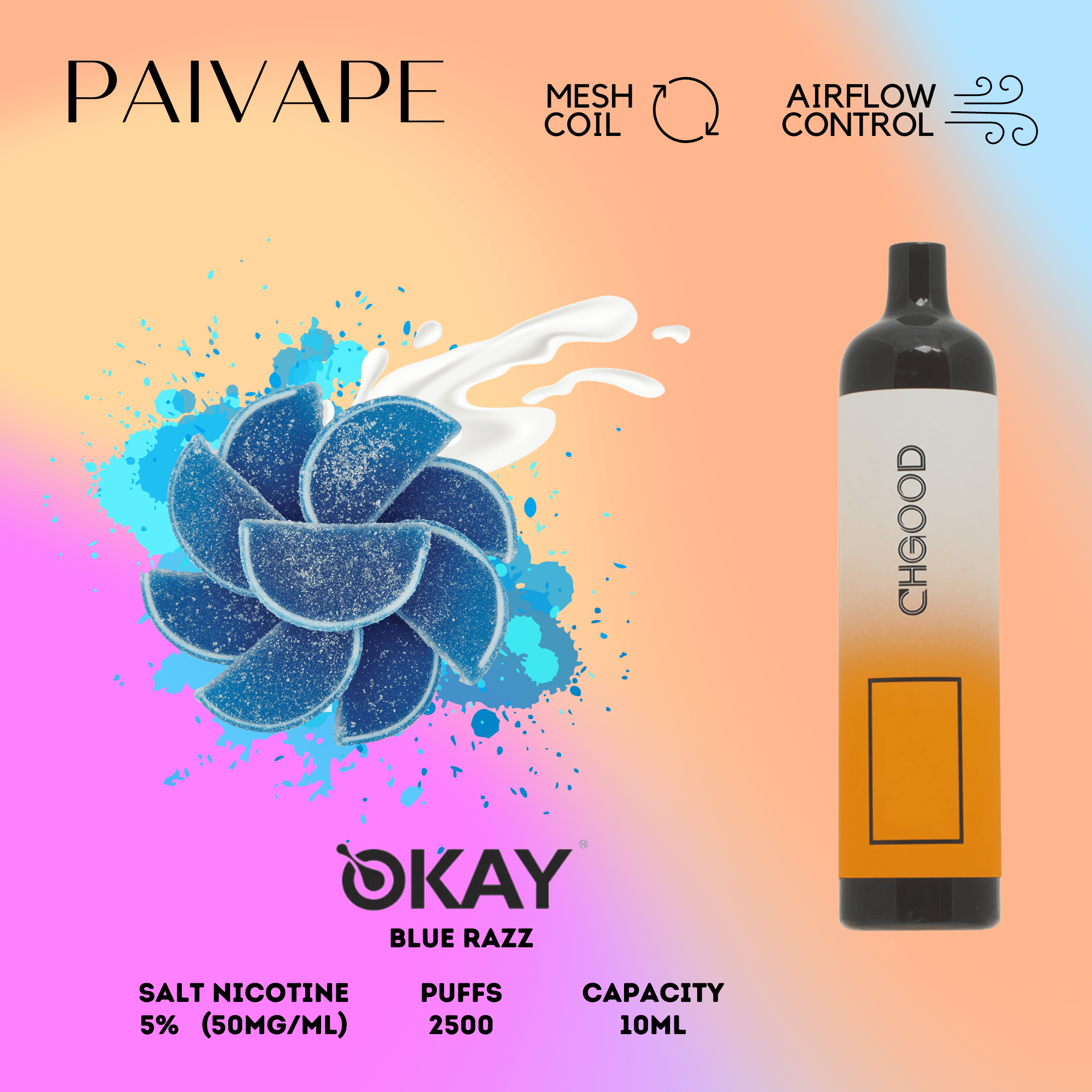 Mr Okay Vapes Disposable 2500 Puffs Eciggarates Blue Razz Flavor