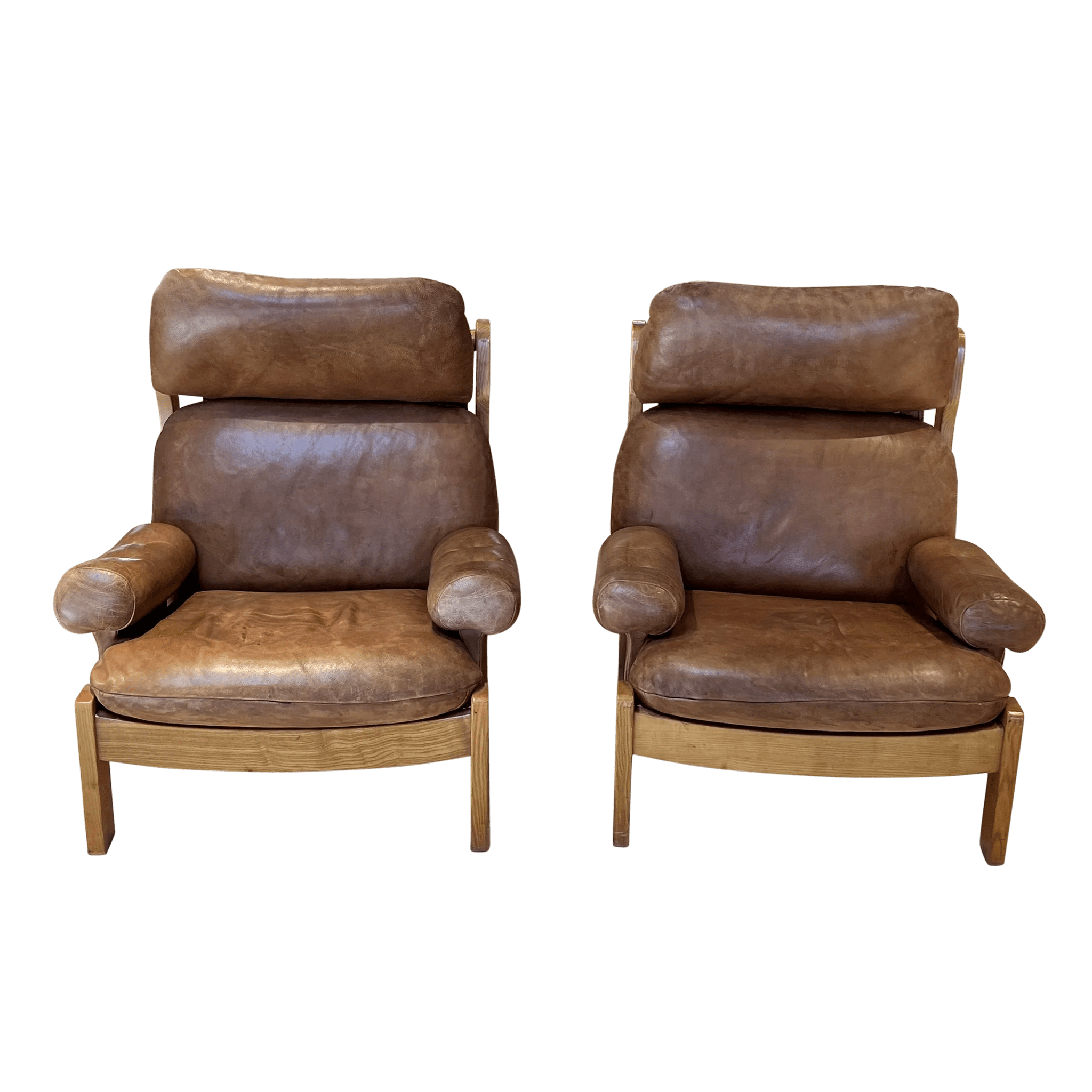 Pair of French MCM Leather Arm Chairs Pop Up Home