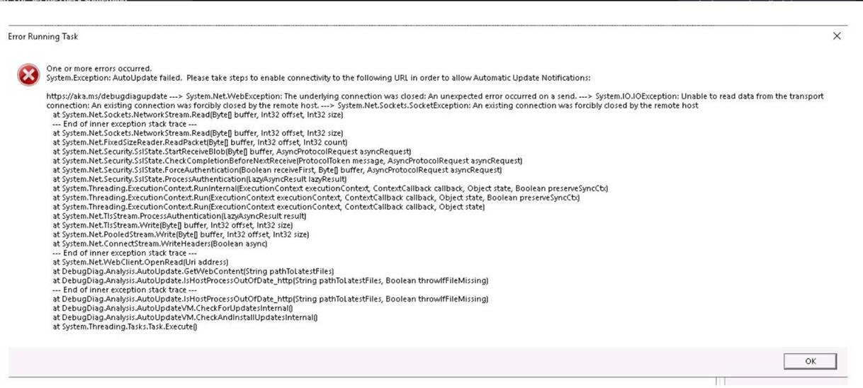 DebugDiag error "System.Exception AutoUpdate failed"