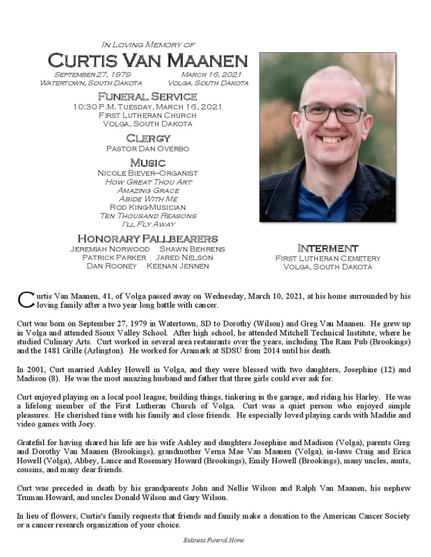 Obituary Curtis Guy Van Maanen of Volga, South Dakota Eidsness