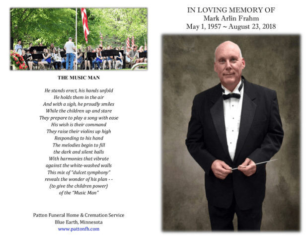 Obituary Mark Arlin Frahm of Blue Earth, Minnesota Patton Funeral