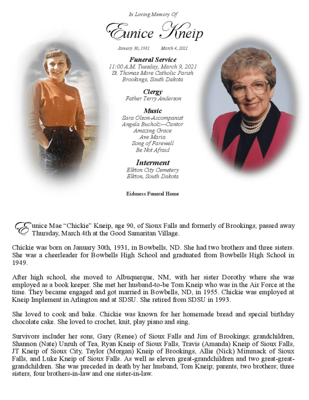 Obituary Eunice Kneip of Sioux Falls, South Dakota Eidsness Funeral