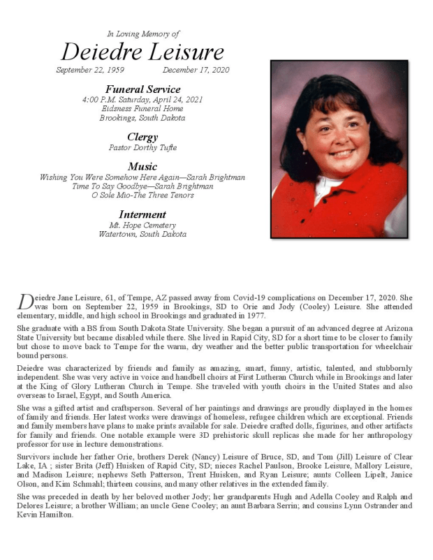 Obituary Deiedre Jane Leisure of Tempe, Arizona Eidsness Funeral