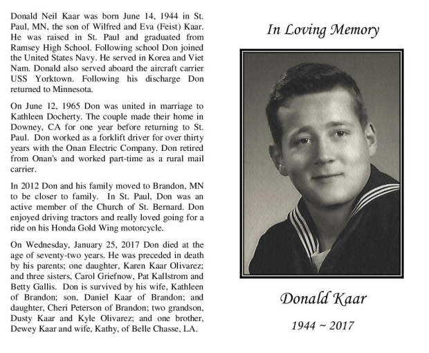 Donald Kaar Obituary 2017 Anderson Funeral Home and Crematory