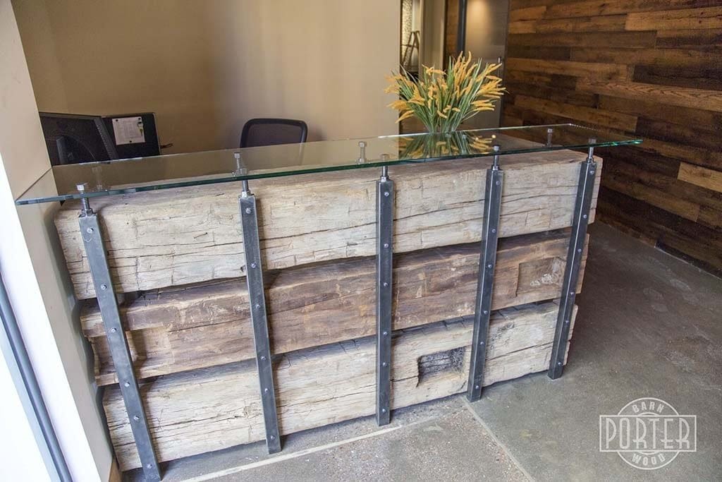 Porter Barn Wood Reception Desk Hand Hewn Beams