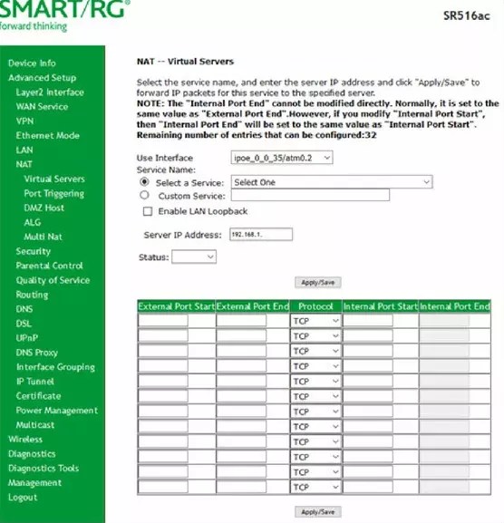 Simple Instructions to Help Setup a Port Forward on the SmartRG SR516ac