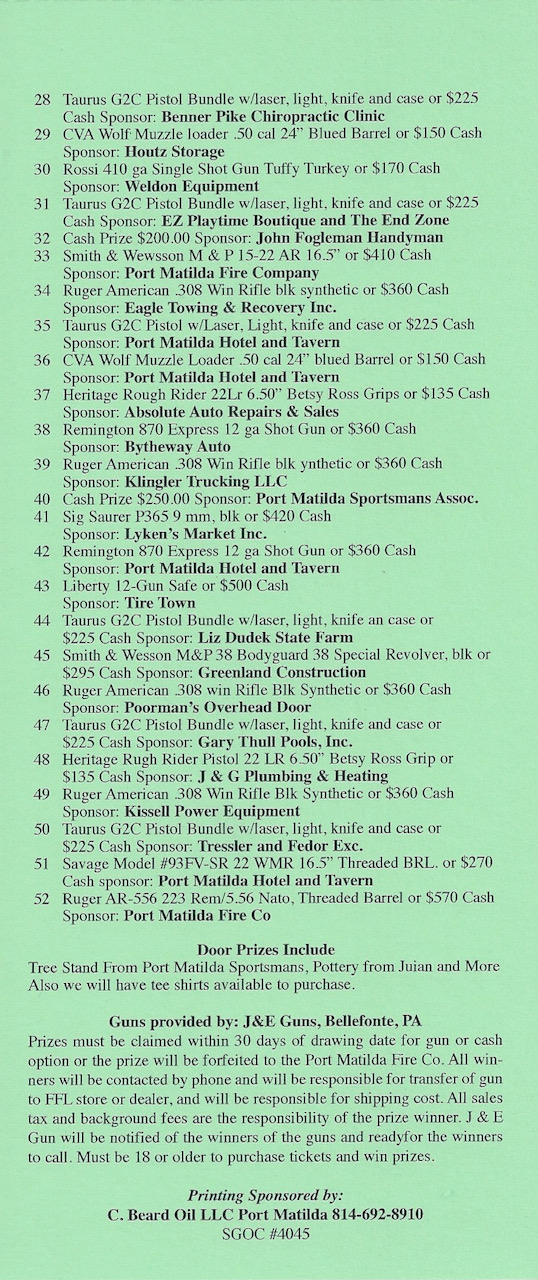 14th Annual Gun Raffle Port Matilda Fire Company 15
