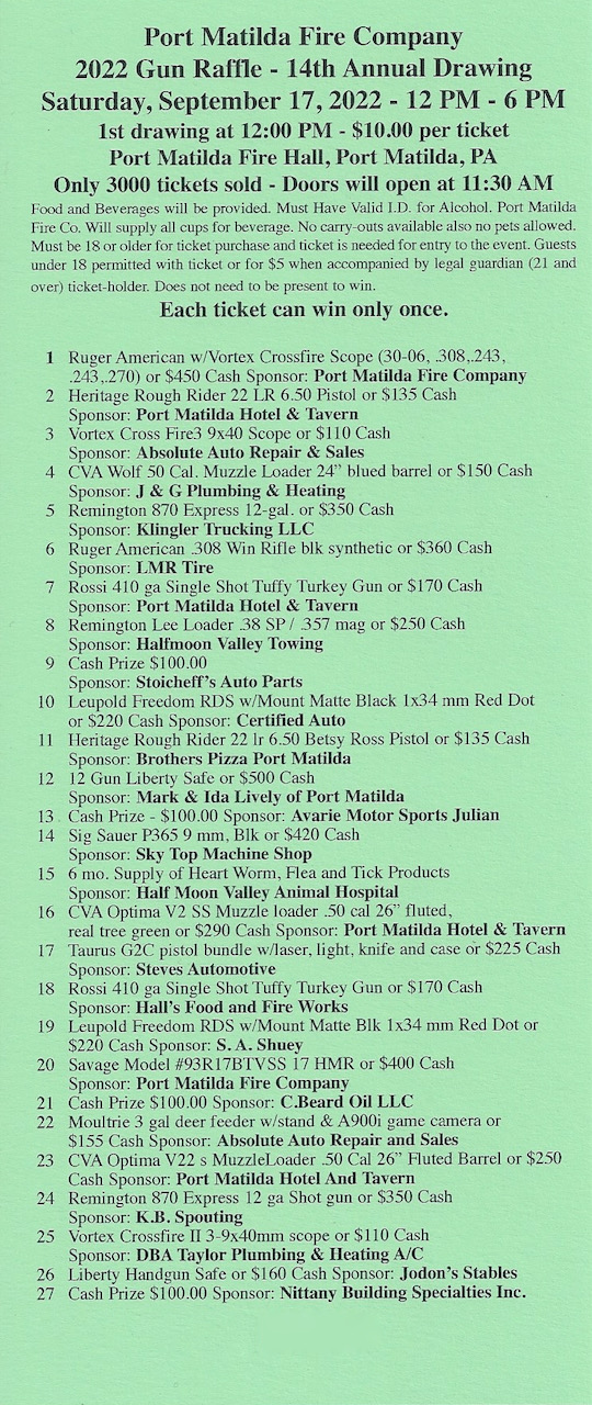 14th Annual Gun Raffle Port Matilda Fire Company 15