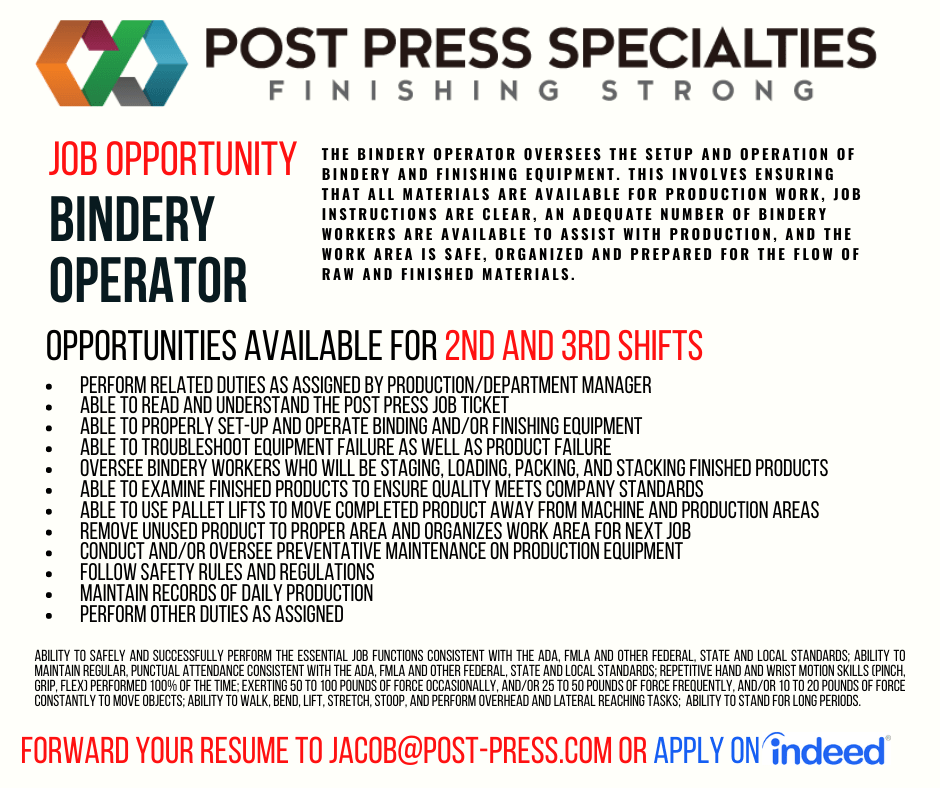Current Job Opportunities Post Press Specialties