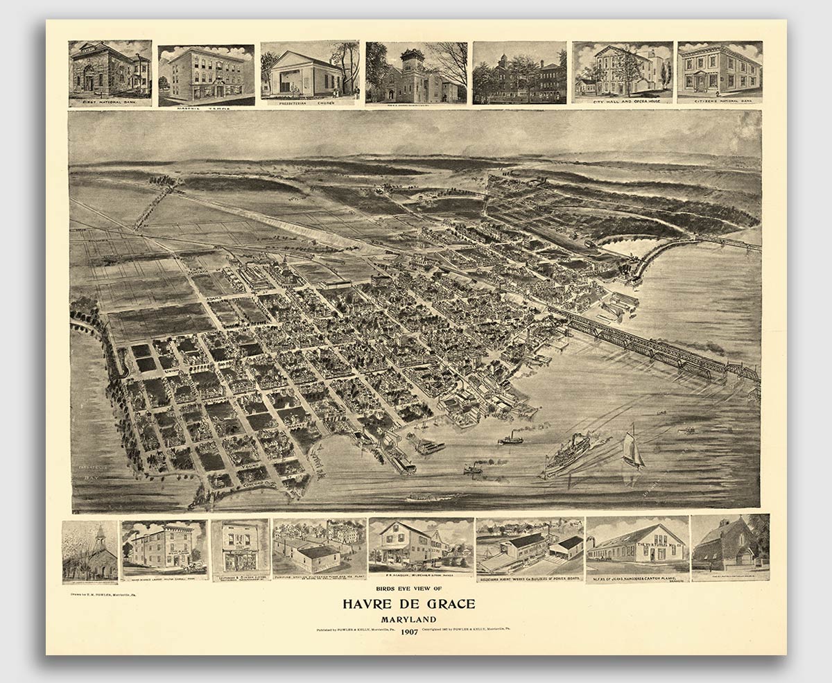 1907 Havre de Grace, Maryland Vintage Old Panoramic City Map 24x28 eBay