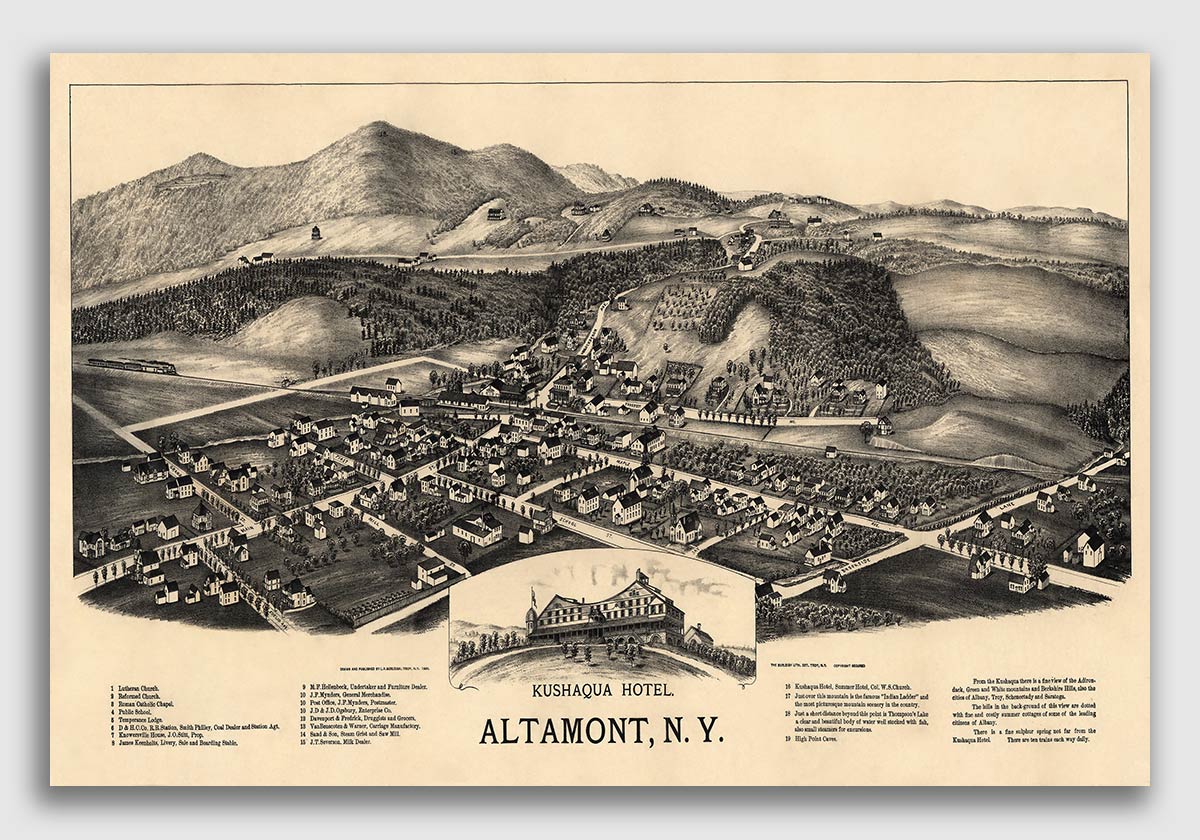 Bird's Eye View 1890 Altamont New York Vintage City Map 16x24 eBay