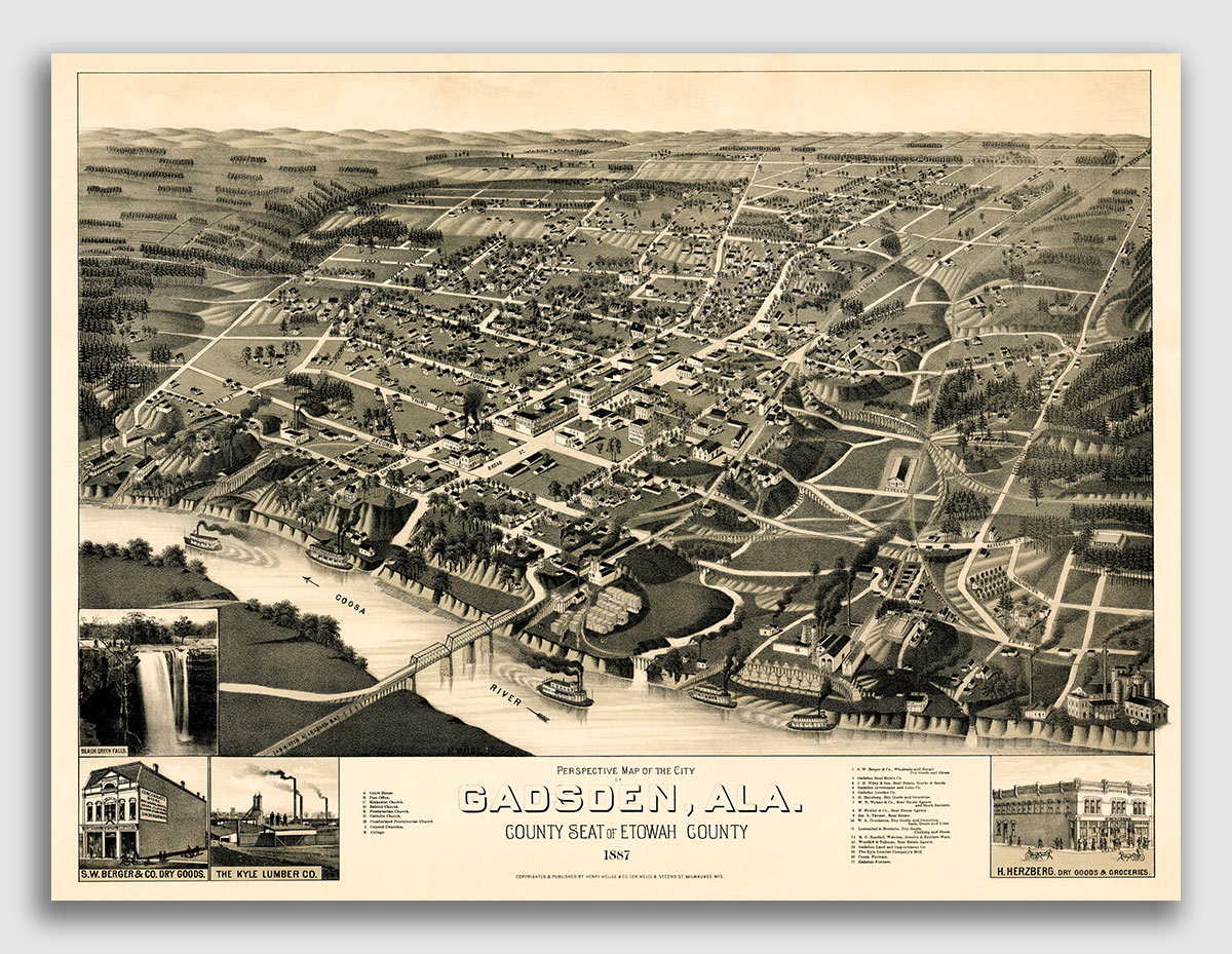 Gadsden Alabama 1887 Historic Panoramic Town Map 18x24 eBay