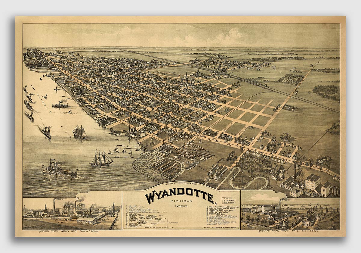 1896 Wyandotte Michigan Vintage Old Panoramic City Map 16x24 eBay
