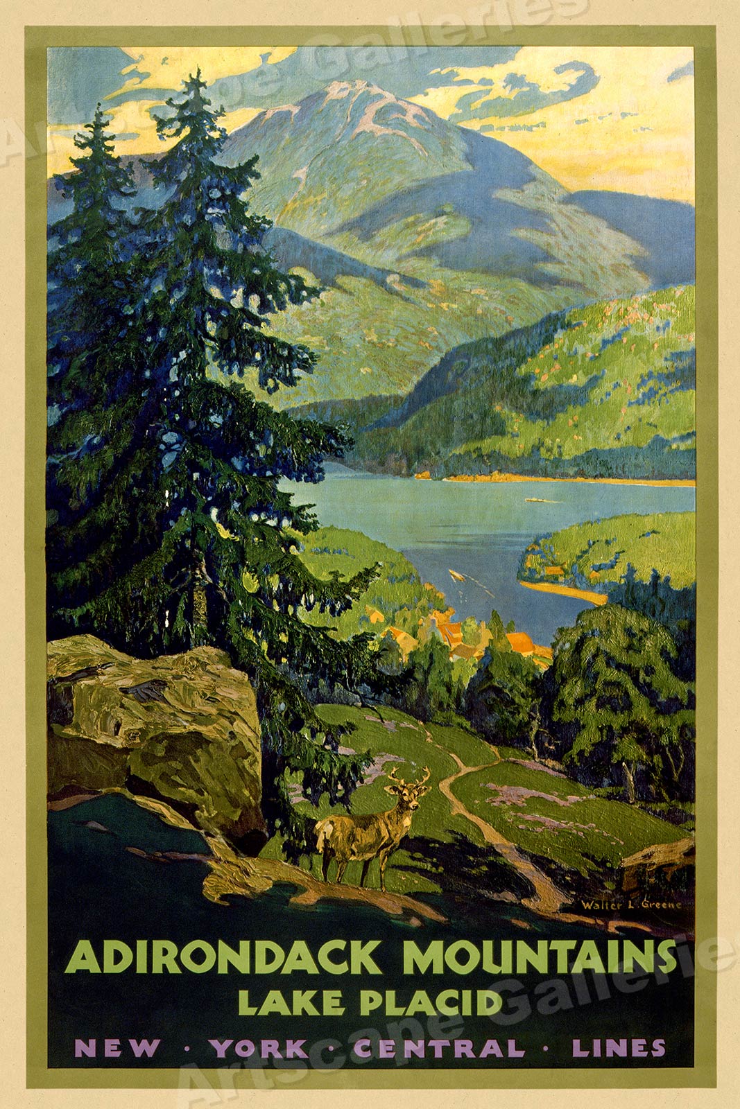 1920s Adirondack Lake Placid New York Vintage Style Travel Poster