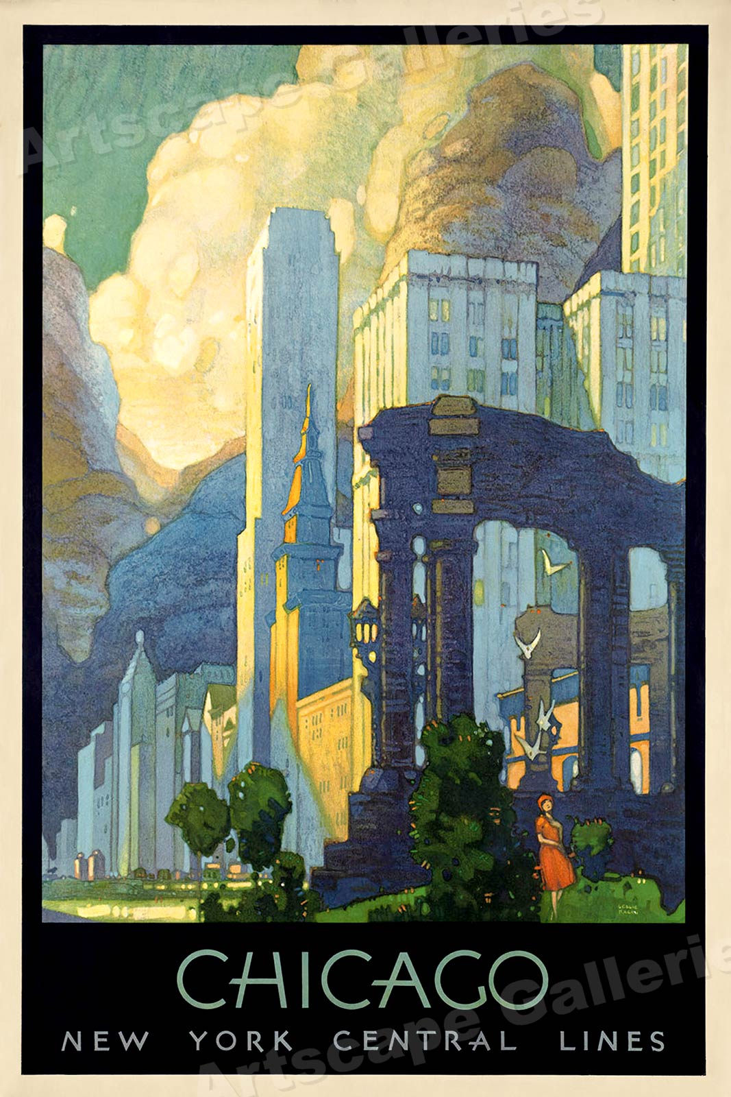 1920s Art Deco Chicago Vintage Style NY Central Line Travel Poster