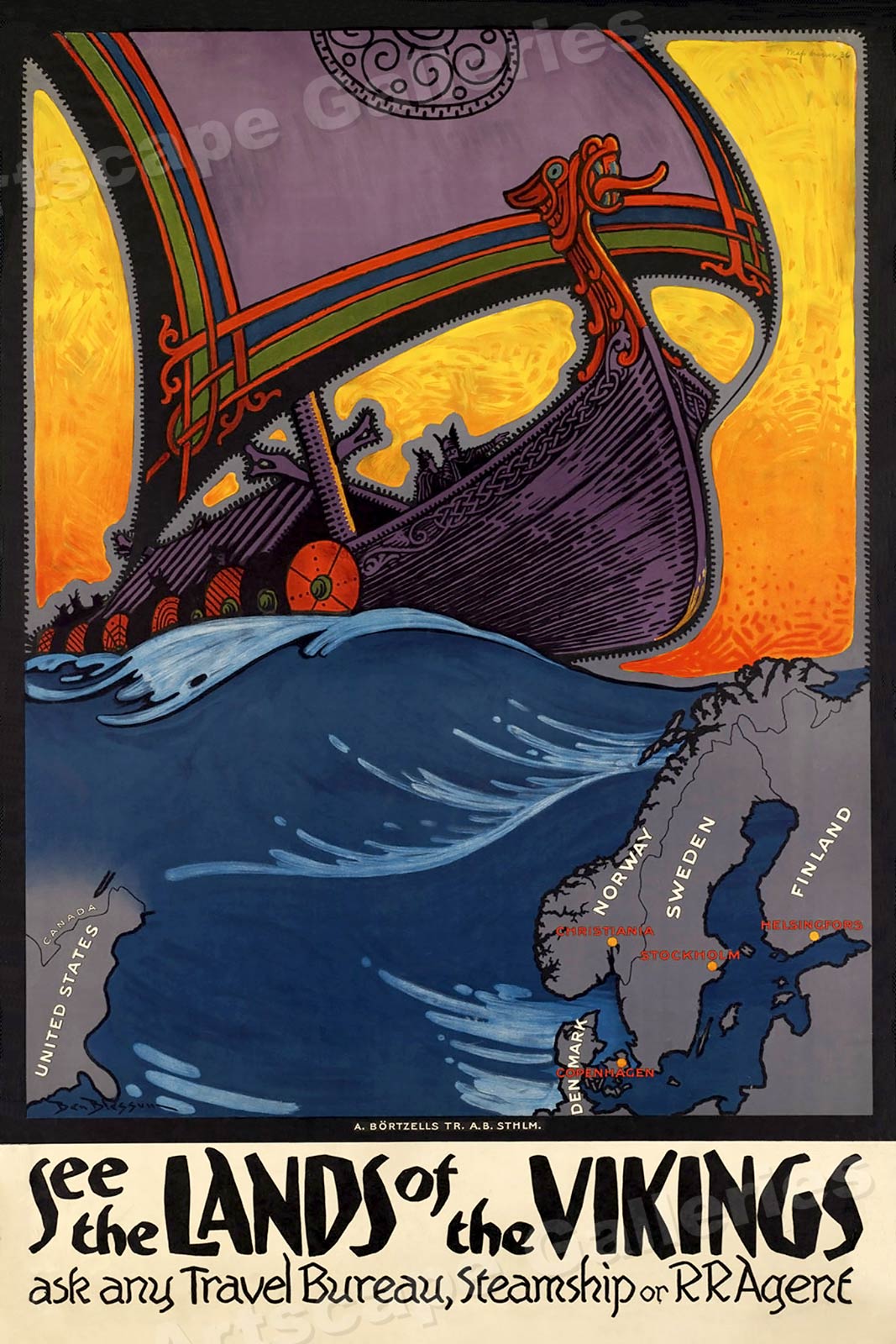 1930's "Land of the Vikings" Vintage Style Scandinavian Travel Poster