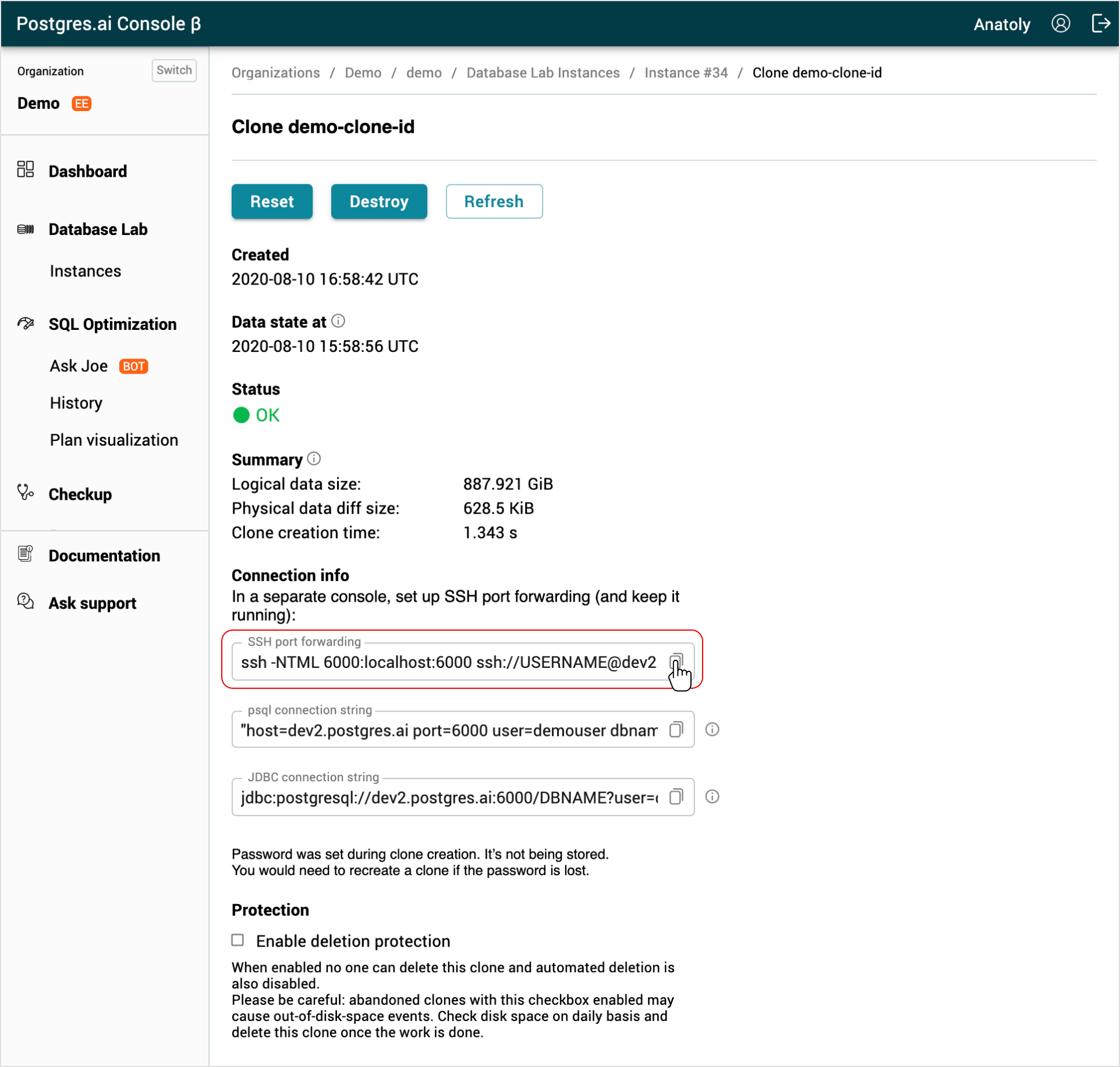 How to connect to a Database Lab clone Postgres.AI