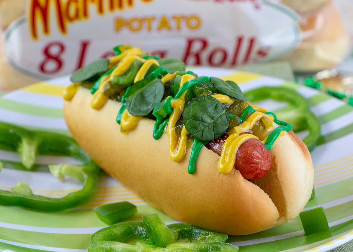 St. Patrick's Day Hot Dog Martin's Famous Potato Rolls and Bread