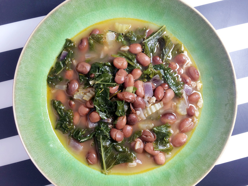 borlotti bean soup with kale, rosemary and farro
