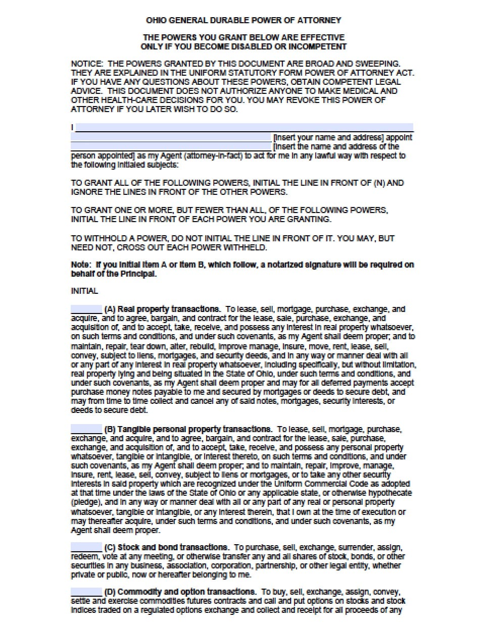 Ohio Durable Financial Power of Attorney Form Power of Attorney