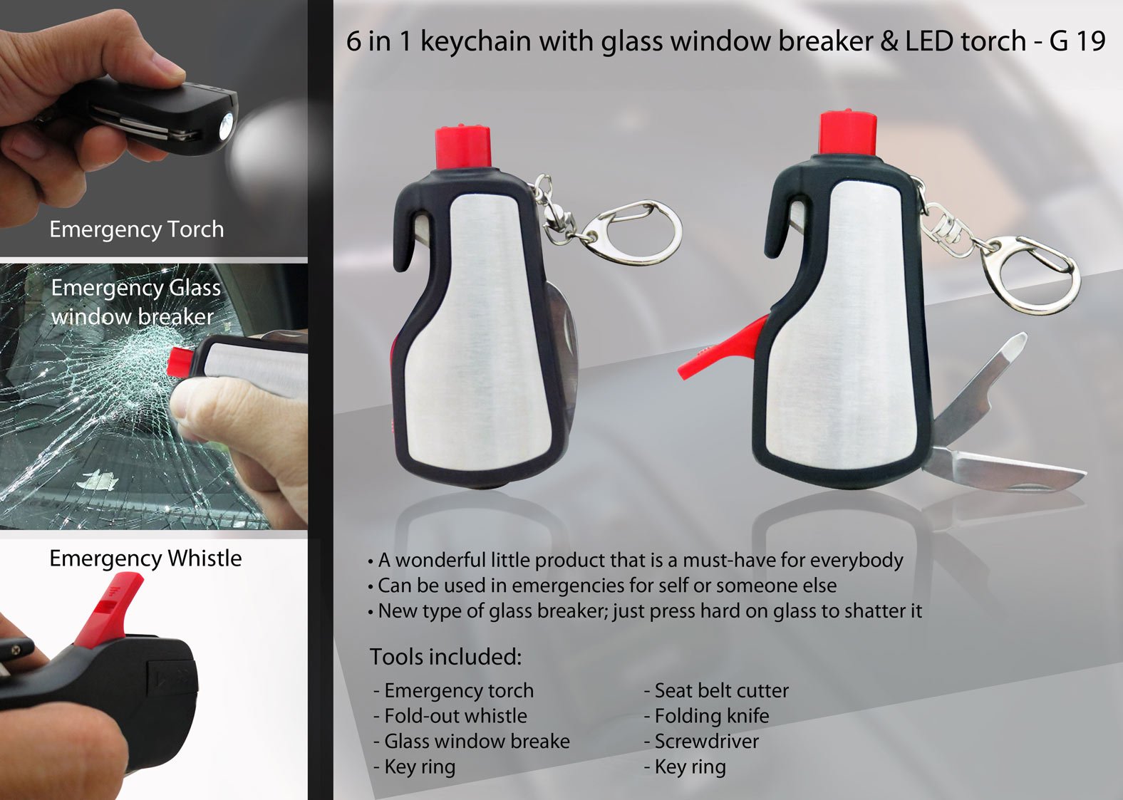 6 in 1 keychain with glass window breaker & LED torch Power Plus store