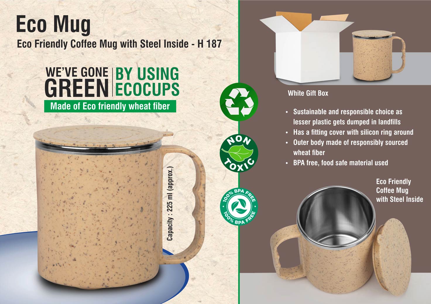 Eco Friendly Coffee mug with steel inside Made with Wheat