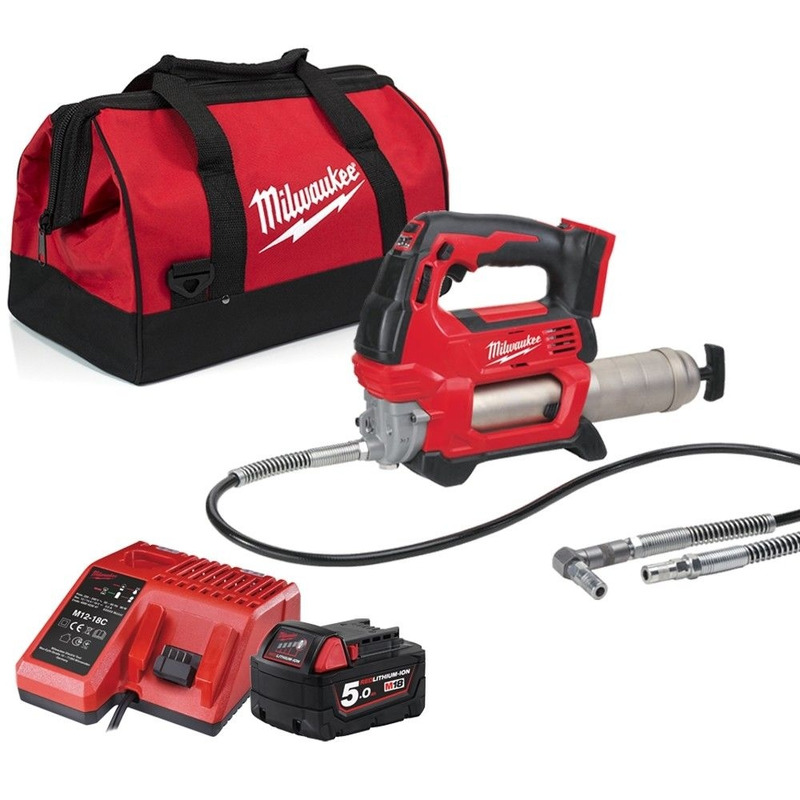 Milwaukee M18GG501B 18v Cordless Grease Gun 5ah Battery Charger & Bag