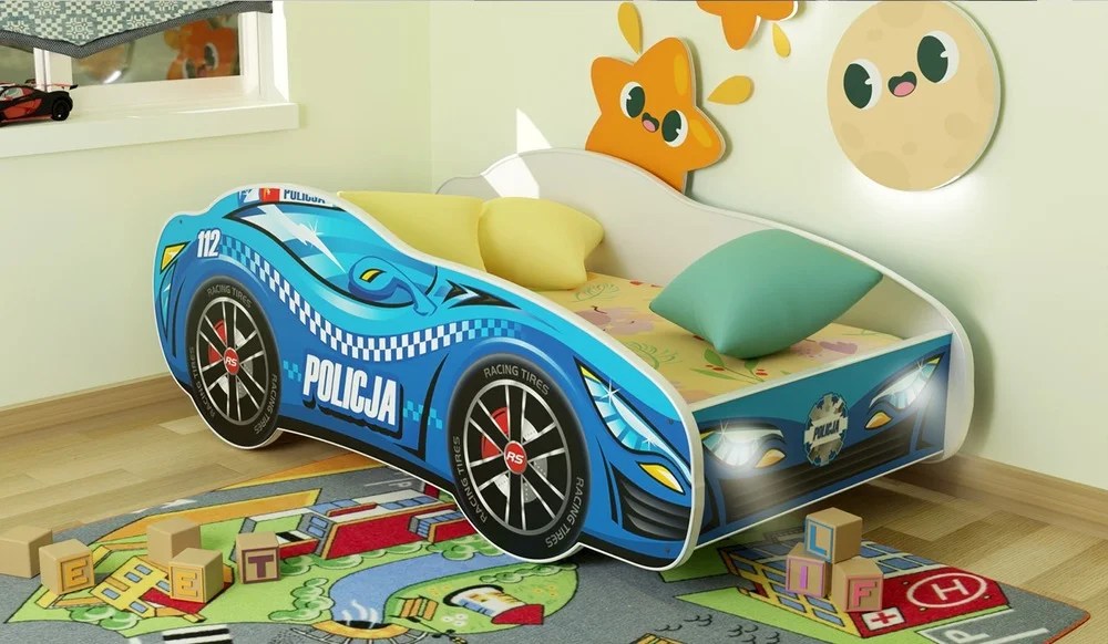 LED Racing Car Bed POLICE + mattress + pillow 2 sizes 140x70cm