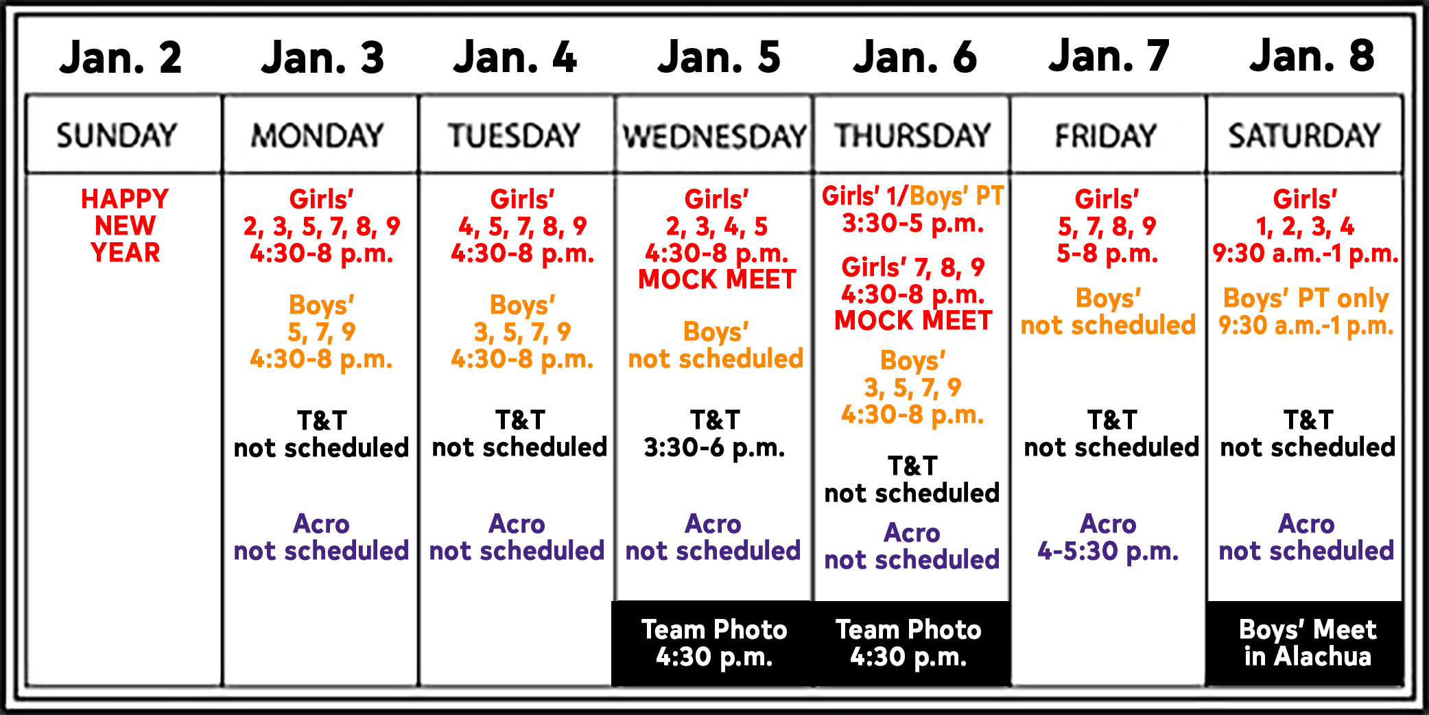 This Week’s Schedule, Mock Meet, Team Photo, Move In, Meet Fees, Meet Ettiquitte Panhandle