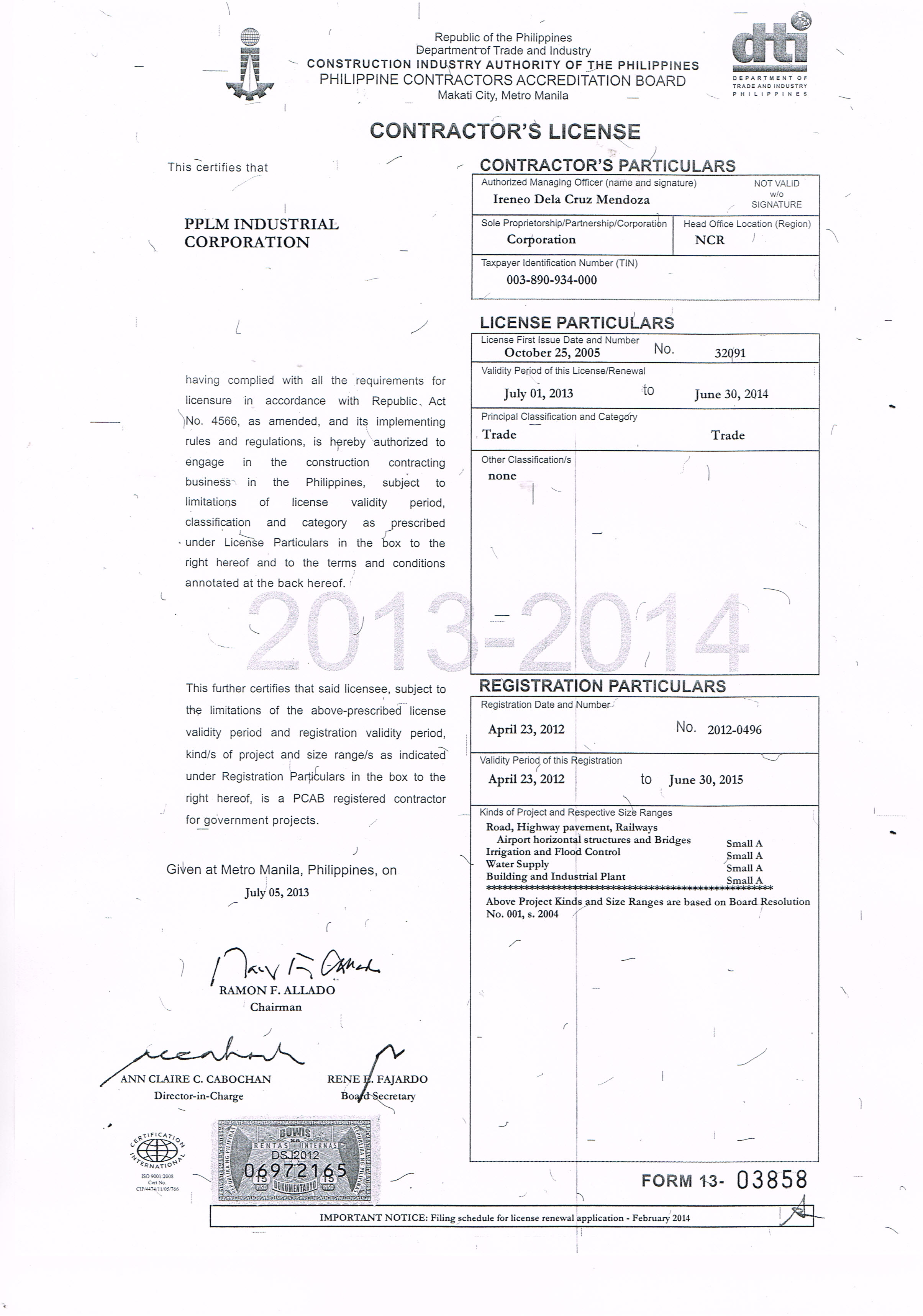 PCAB License PPLM Industrial Corporation