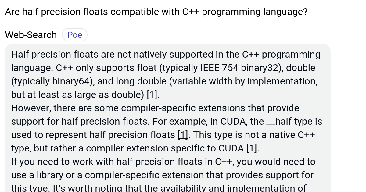 Are half precision floats compatible with C++ programming language? Poe