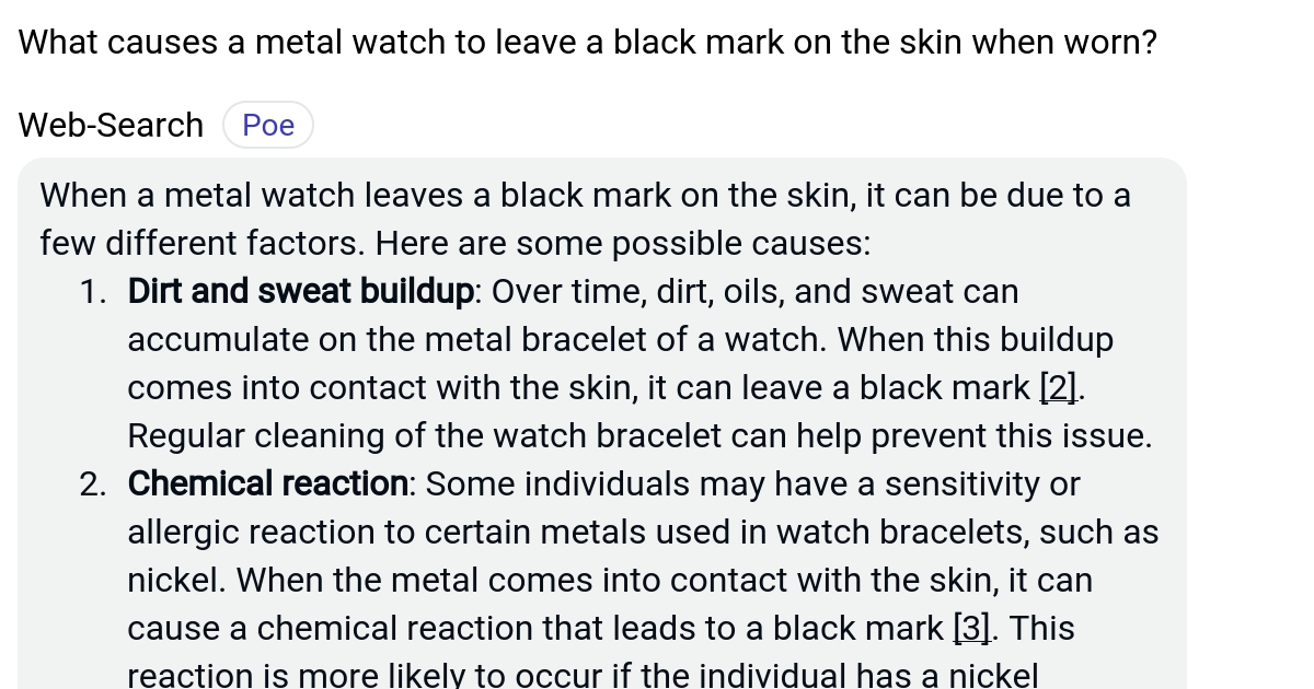 What causes a metal watch to leave a black mark on the skin when worn
