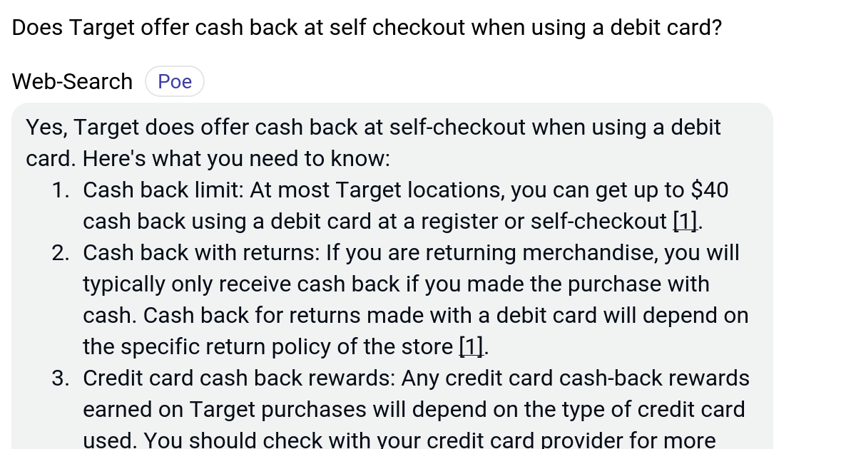Does Target offer cash back at self checkout when using a debit card? Poe