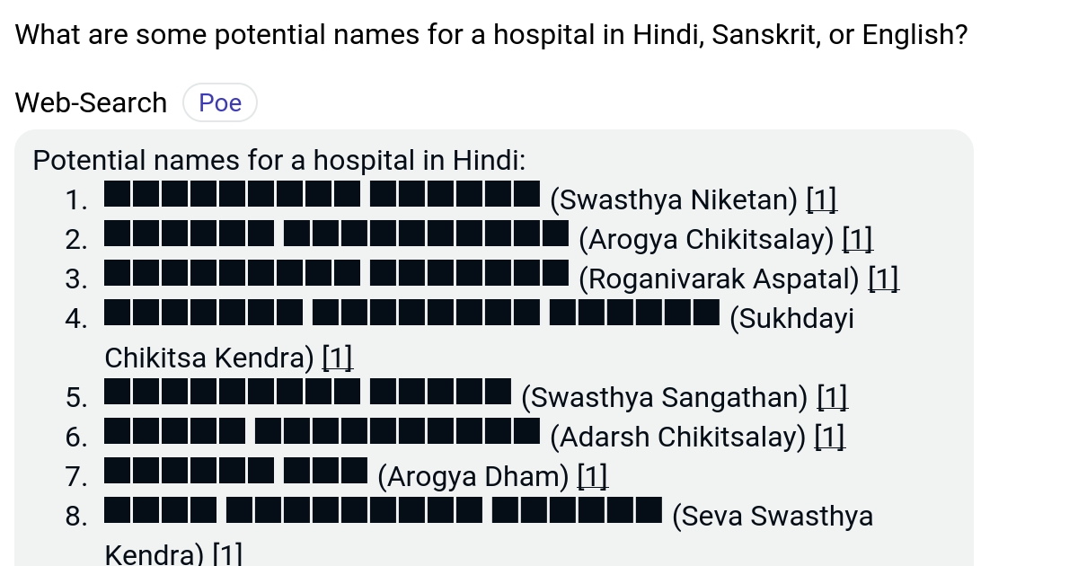 What are some potential names for a hospital in Hindi, Sanskrit, or