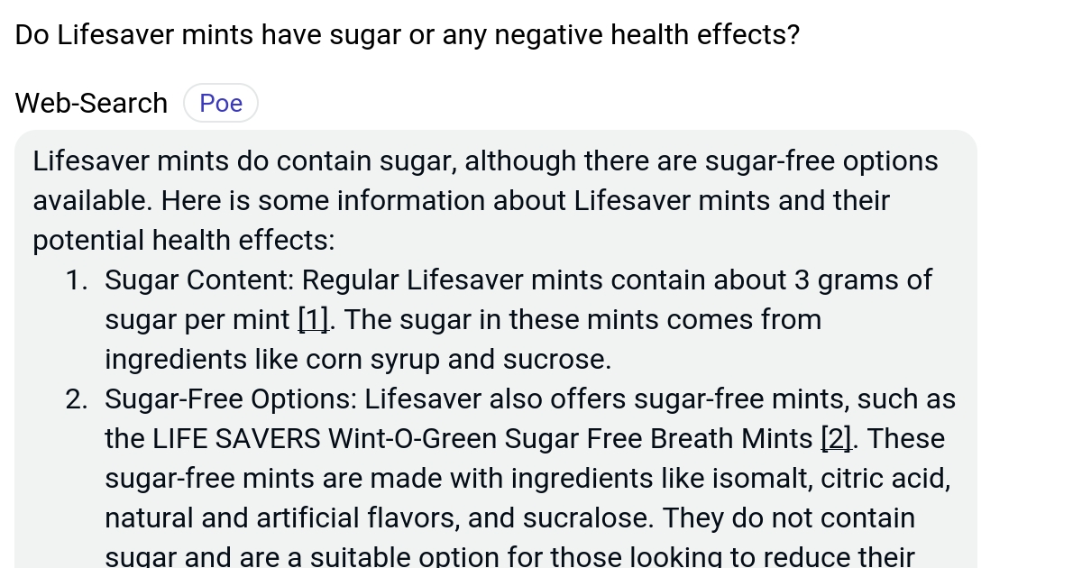 Do Lifesaver mints have sugar or any negative health effects? Poe
