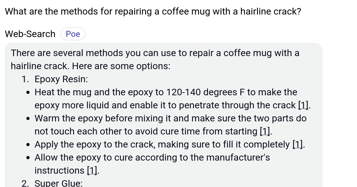 What are the methods for repairing a coffee mug with a hairline crack