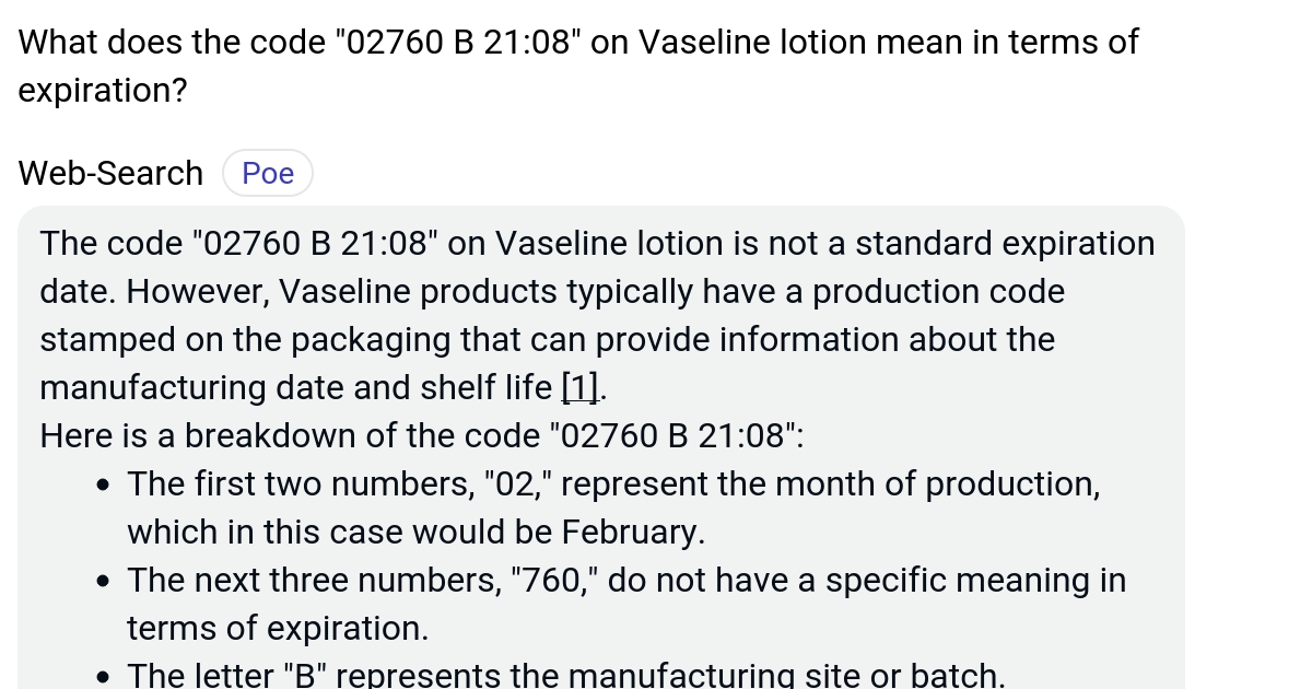 What does the code "02760 B 2108" on Vaseline lotion mean in terms of