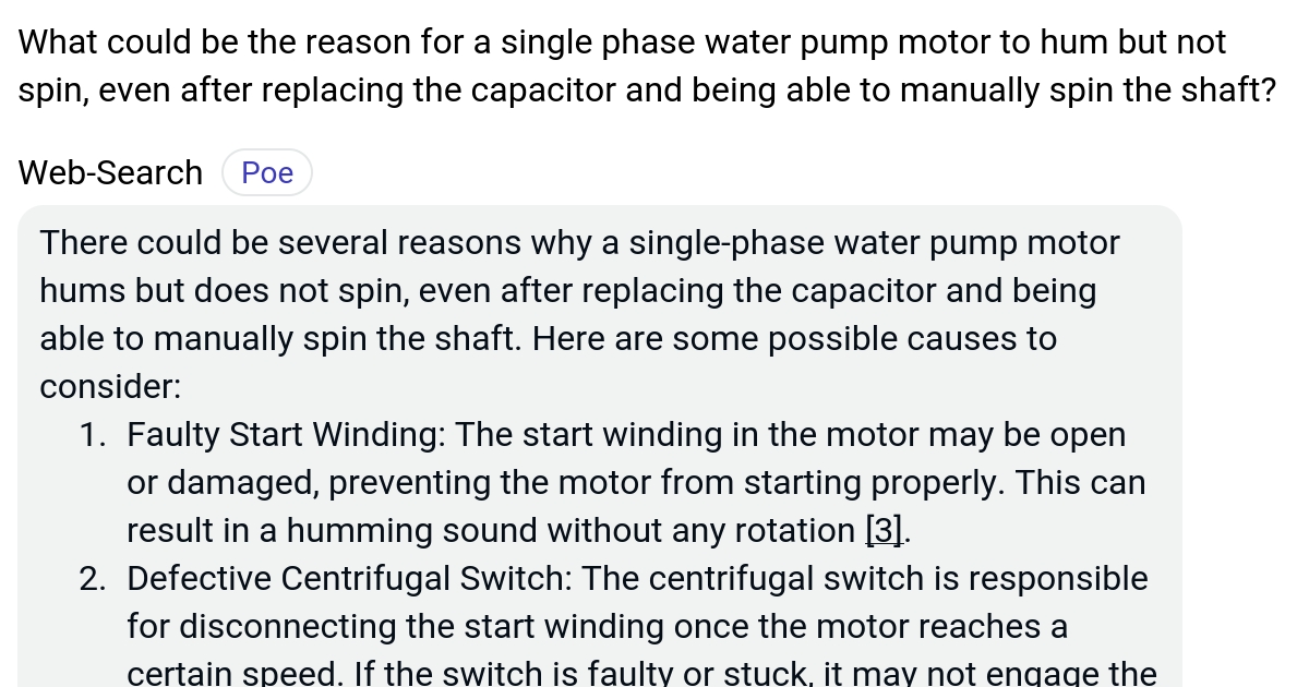 What could be the reason for a single phase water pump motor to hum but