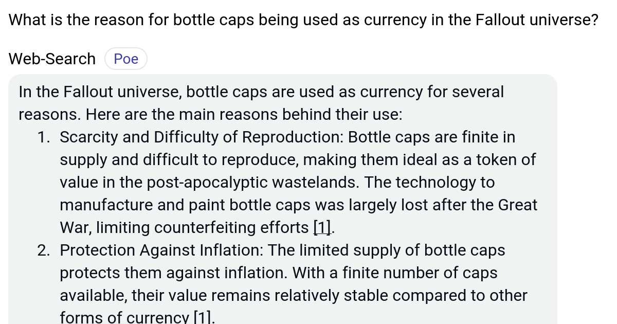 What is the reason for bottle caps being used as currency in the Fallout universe? Poe