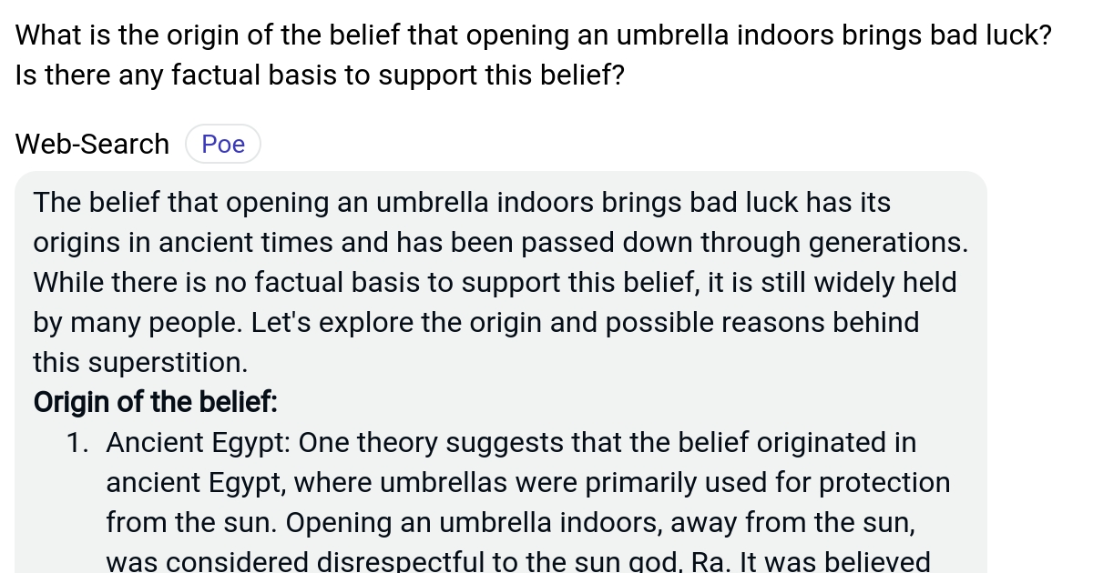 What is the origin of the belief that opening an umbrella indoors