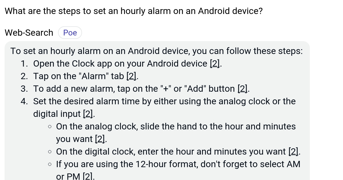 What are the steps to set an hourly alarm on an Android device? Poe